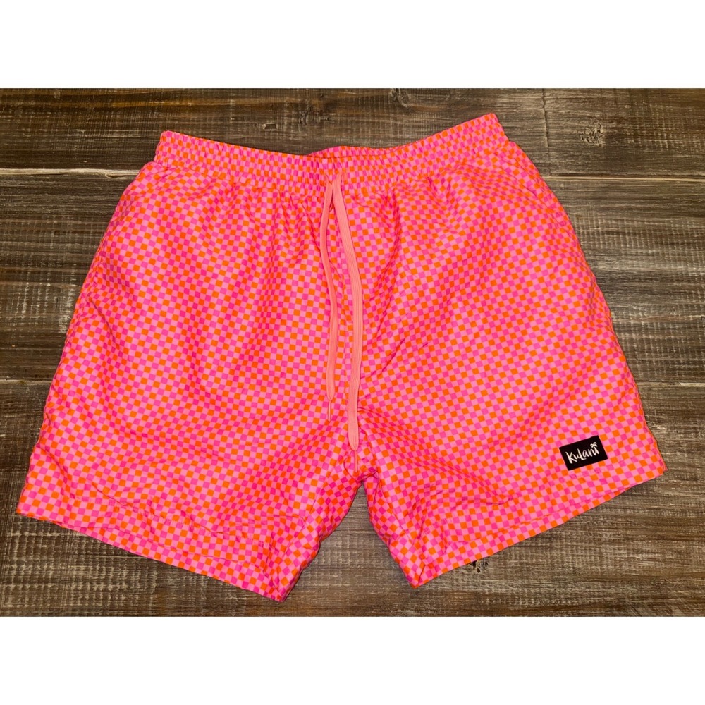 Kulani Kinis Mens Neon Pink Orange Checkered Swim Shorts Trunks Large